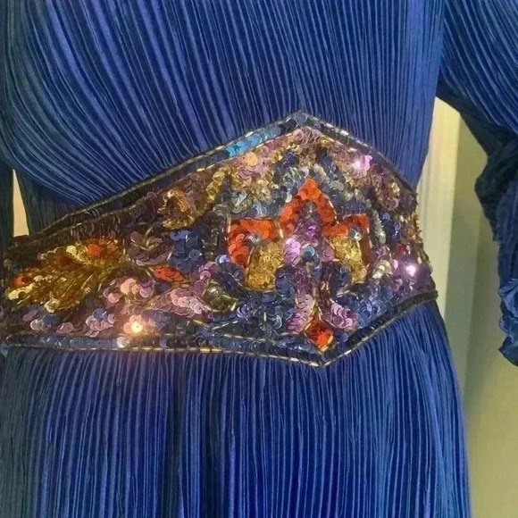 Nuit Vintage 80s Crepe Dress 10 Sequin Wasp Belt Blue Longsleeve Cocktail Formal - Picture 3 of 13